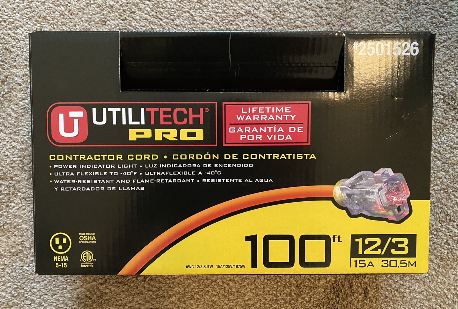 Utilitech Pro 100ft 12/3 SJTW Hi-Vis Orange Outdoor Extension Cord, Free Ship! gallery
