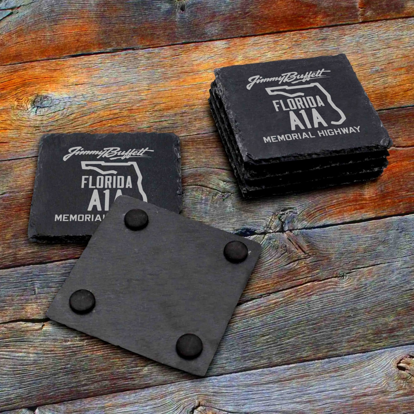Jimmy Buffett Florida A1A Memorial Highway Parrothead 4 Slate Coaster Set gallery