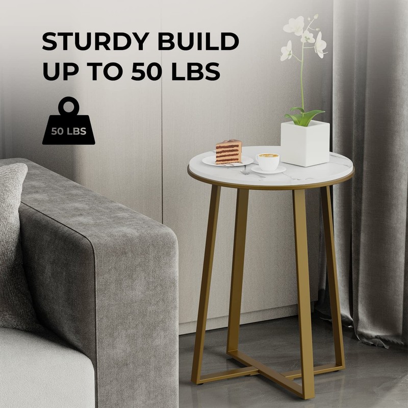 Round End Tables, Small Side Table White Marble Texture MDF ,Metal Frame Gold Co gallery
