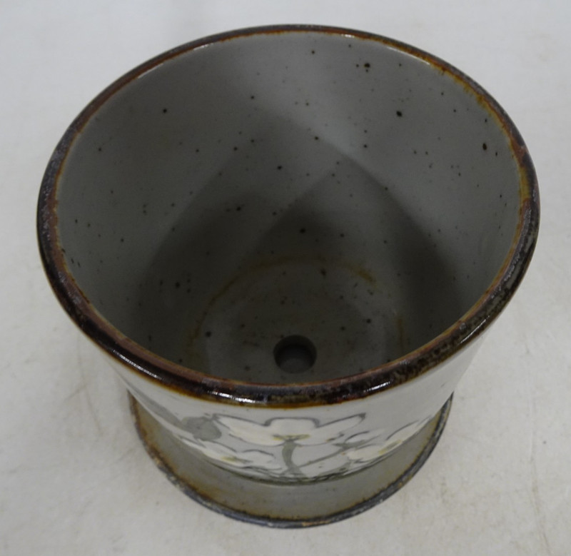 Set Ceramic Gray Speckled Planters Flower Pots White Floral Design 3 Matching gallery
