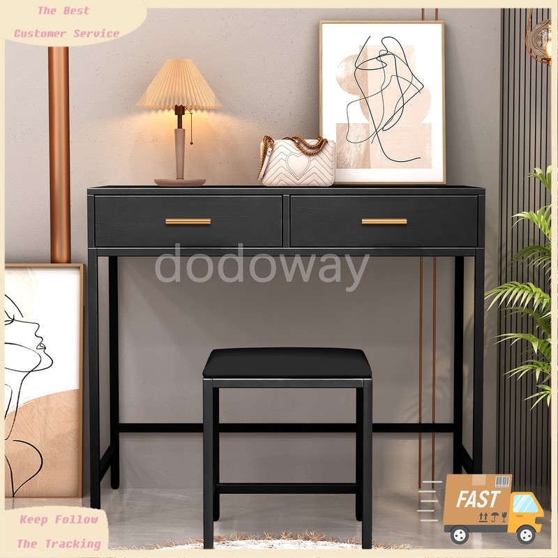 Black Modern Vanity Desk Stool Computer Home Office Study Table with 2 Drawers gallery