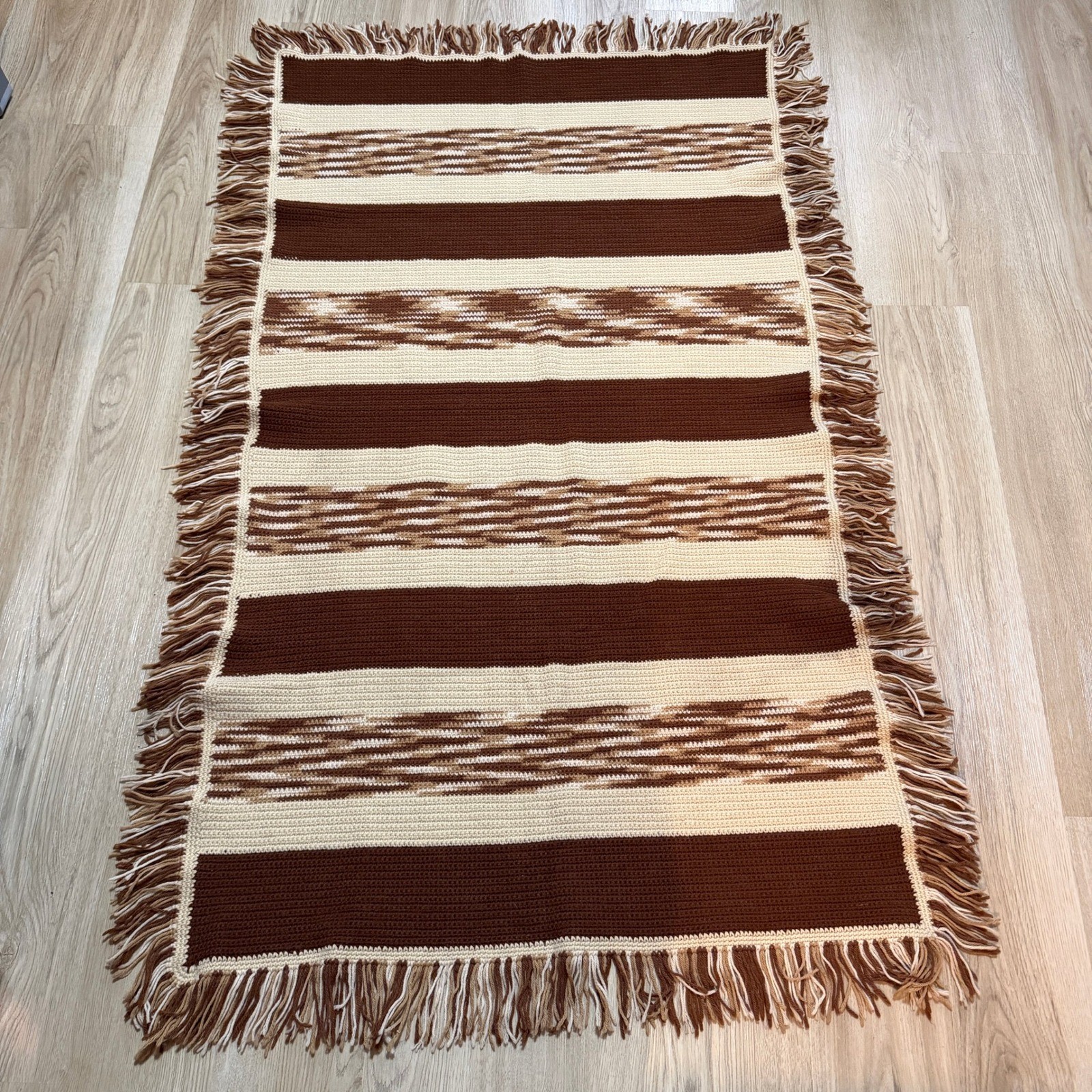 Handmade Crochet Throw Blanket/Rug 72x46 Brown Cream Striped 1970s Style gallery