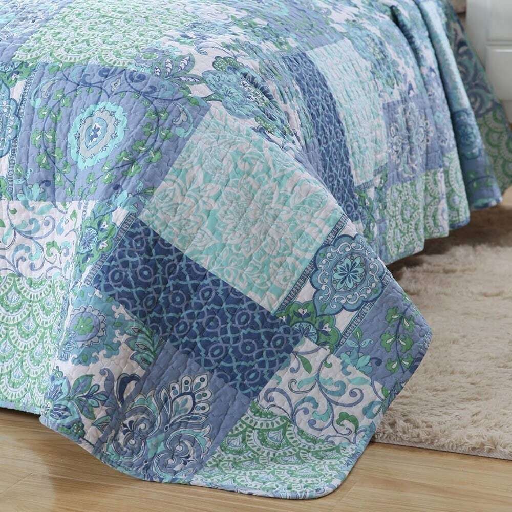 NEW! ~ COZY COTTAGE BEACAH MODERN LIGHT BLUE AQUA TEAL GREEN PATCHWORK QUILT SET gallery