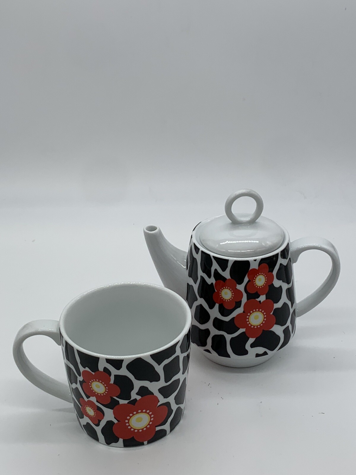 Tea For One Ceramic Teapot/Cup Black & White w/ Red Flowers by Formation Brands gallery