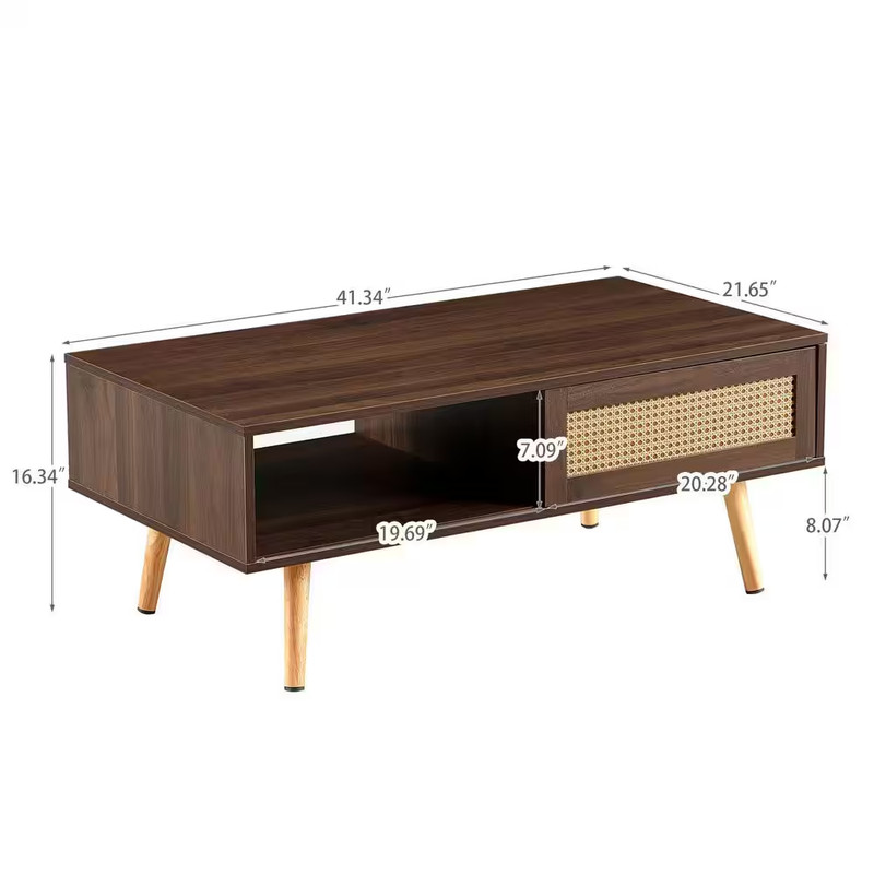 41In. Walnut Rectangle MDF Coffee Table with Rattan Door Storage and Solid Wood gallery