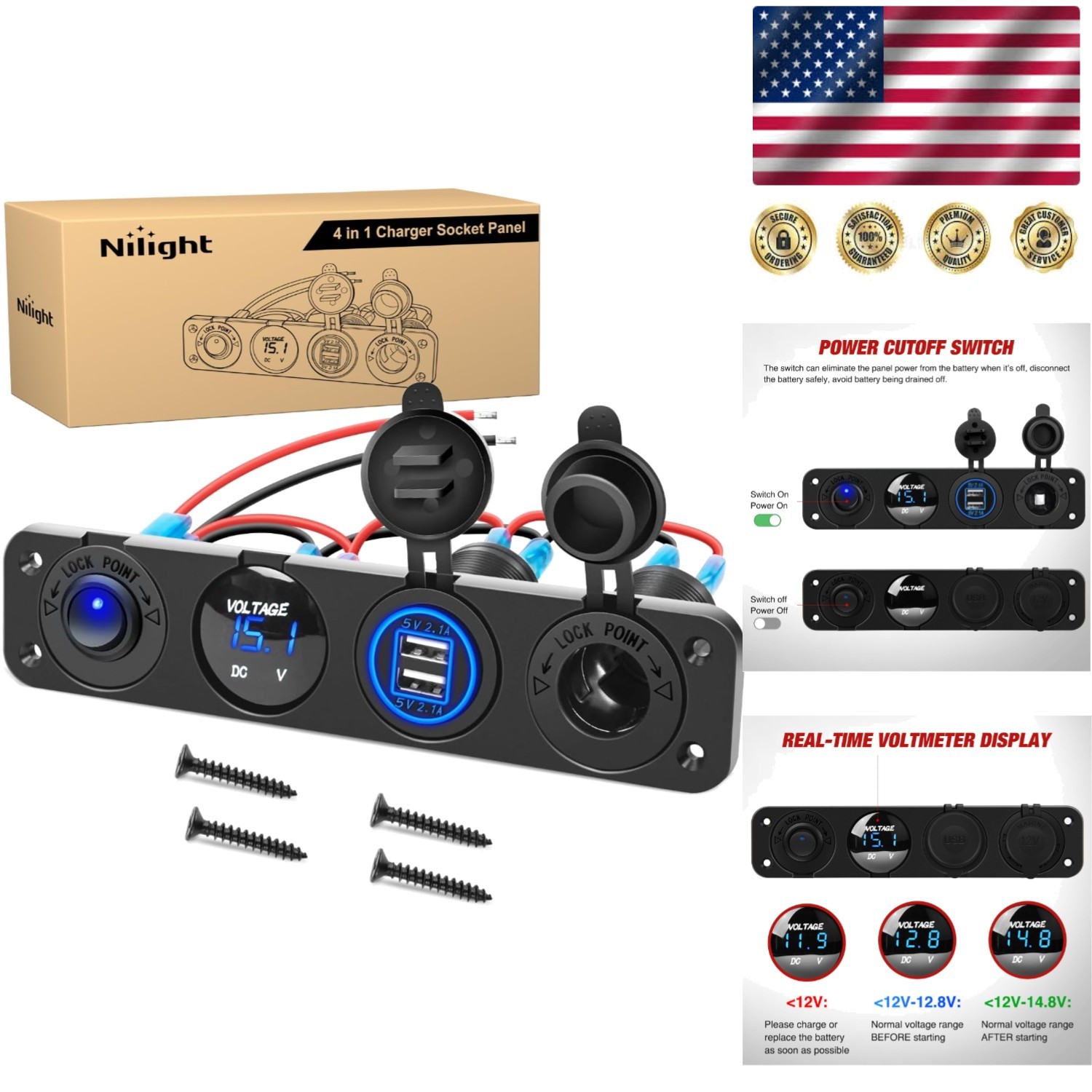 Dual USB & 12V Cigarette Lighter Switch Panel with LED Voltmeter - Safe Charging gallery