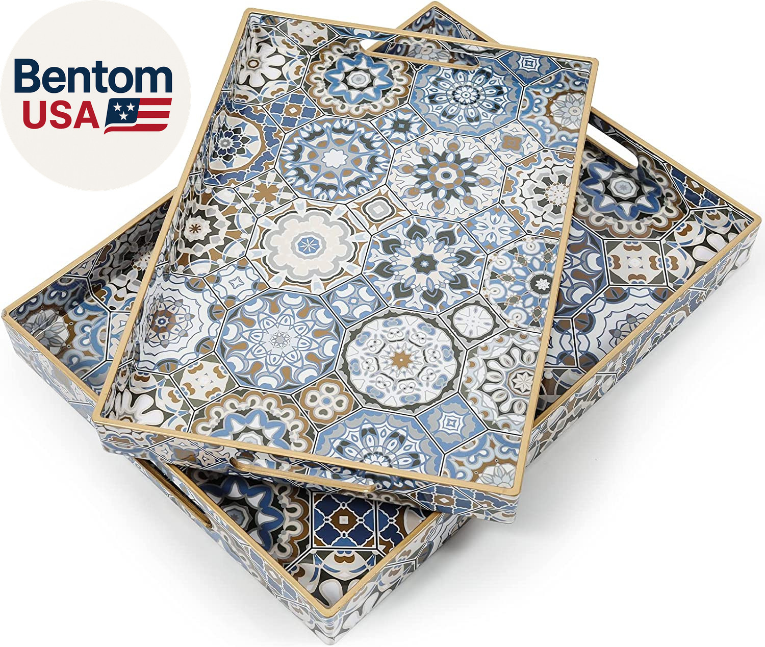 2 Pcs Serving Tray with Handles Bohemian Decorative Tray Large Ottoman Trays for gallery