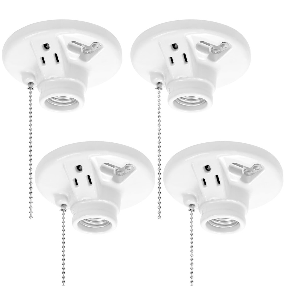 Light Socket with Grounded Outlet, 4 Pack Porcelain Pull Chain Light Fixture, 2