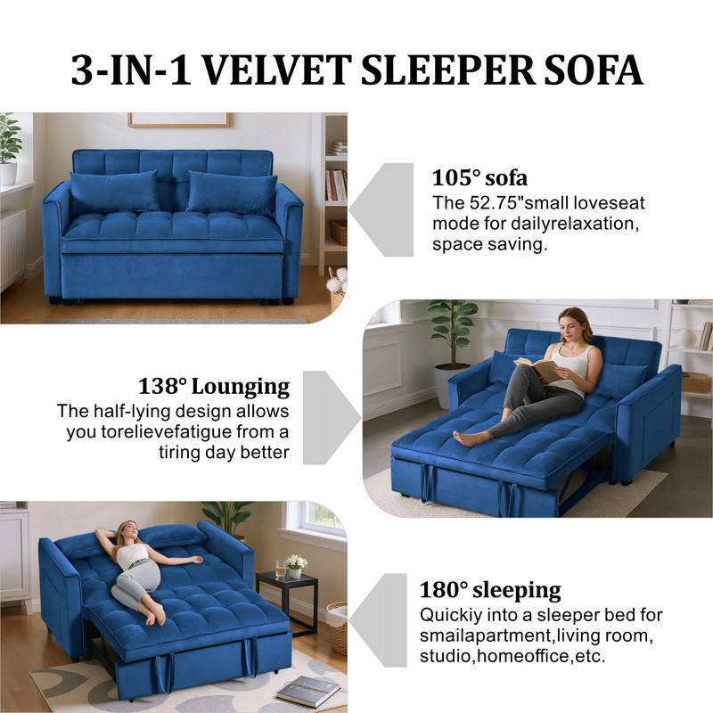 Convertible Sleeper Sofa Bed Pull Out Couch Adjustable Backrest Loveseat Blue gallery