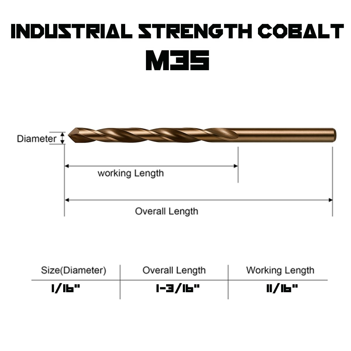 1/16 Inch Cobalt Drill Bits (13 Pack - Industrial Grade M35 Cobalt) 1-3/16" Leng gallery