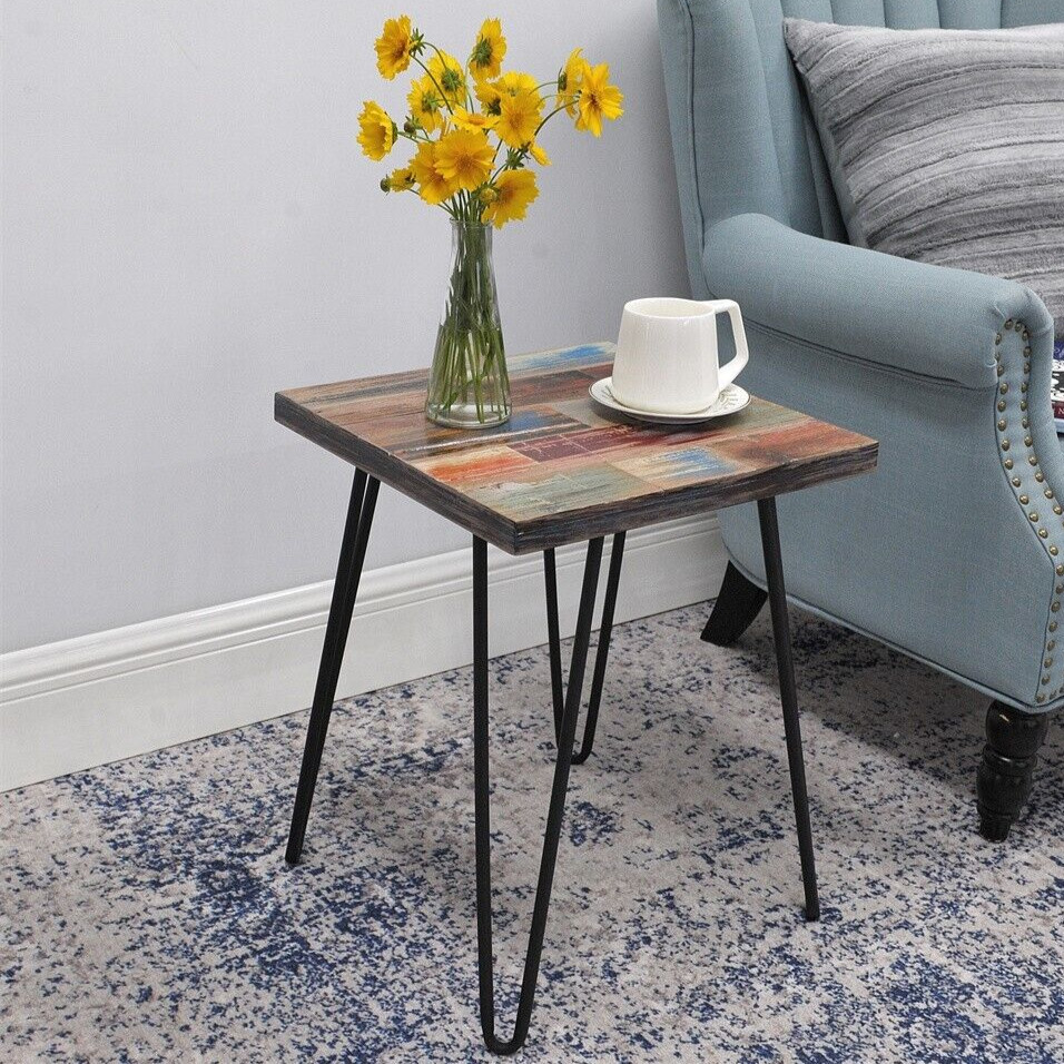 Greenage Reclaimed Wood Side Table with Carving Square Hairpin Legs End Table gallery