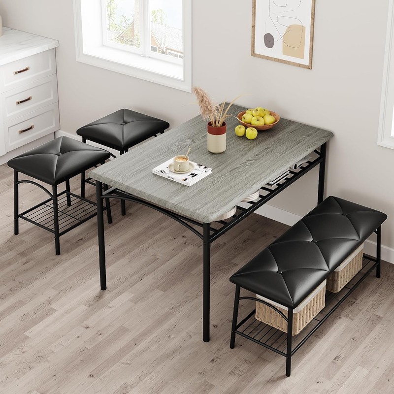 Dining Table with Bench and 2 Square Stools Storage Kitchen Table Set for 4 New gallery