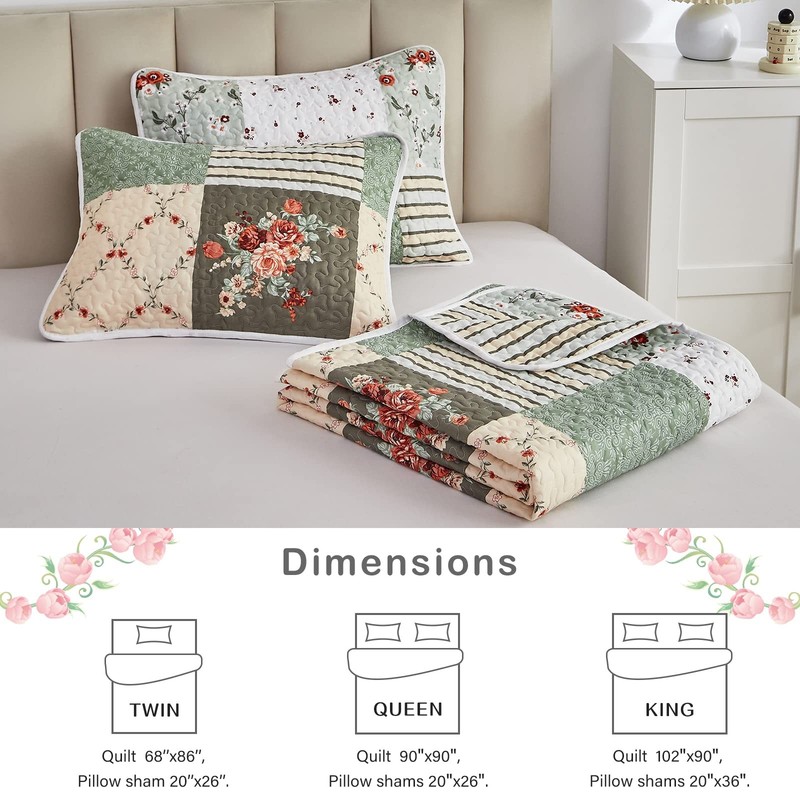 Patchwork Quilt Set Full/Queen Size, 3 Pieces Green Floral Plaid Summer Bedsp... gallery