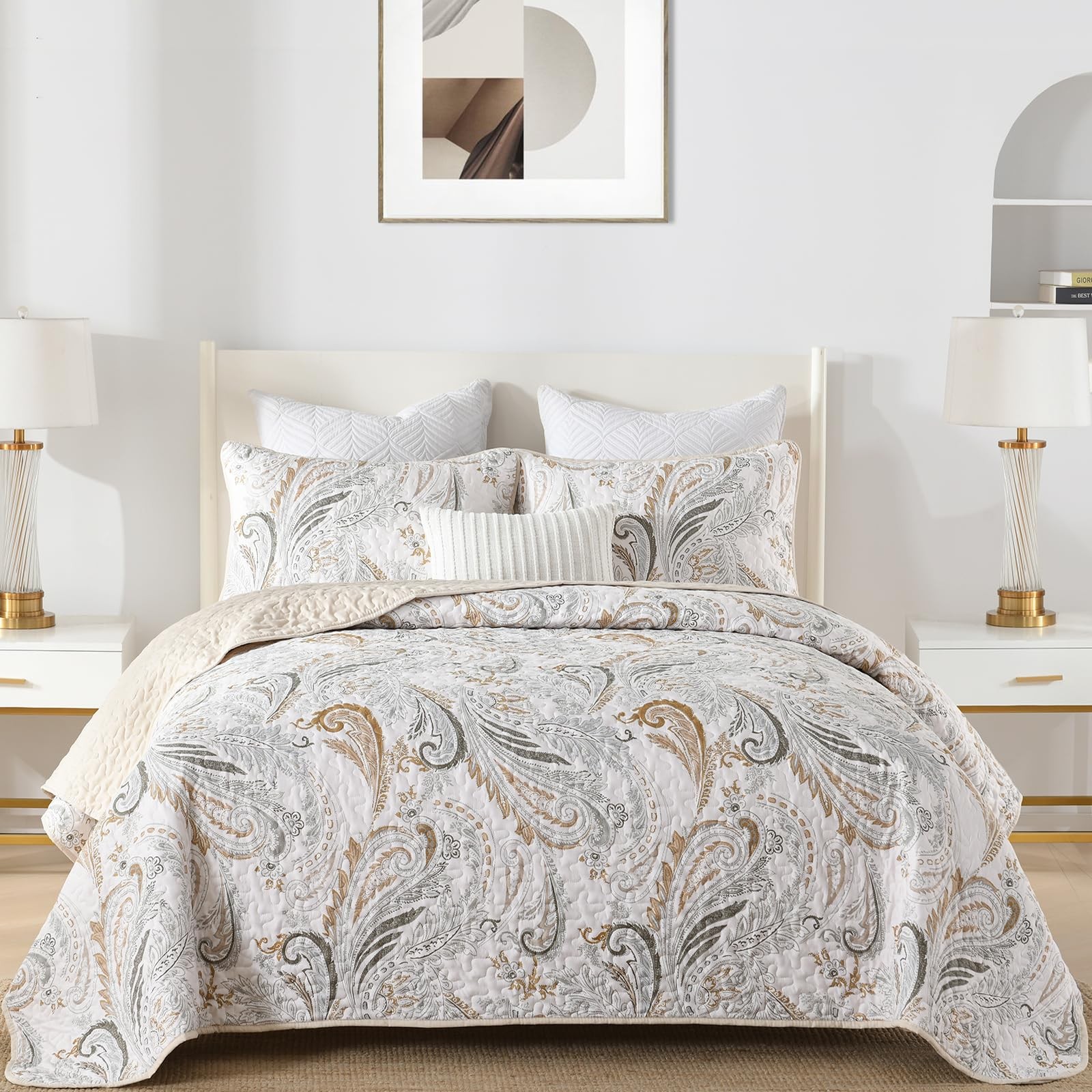 Boho Quilt Set Queen,Beige Paisley Floral Pattern Bedspread Coverlet Set with... gallery