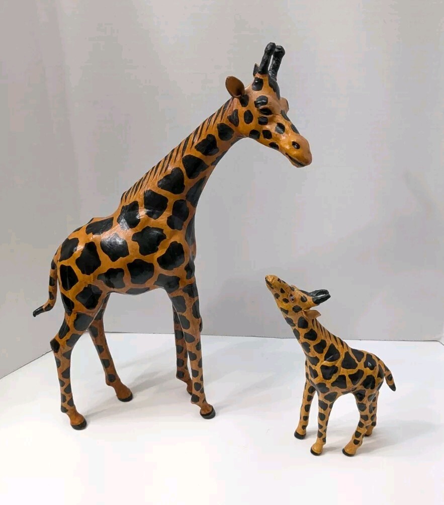 Set Of 2 Leather Wrapped Giraffe Figures Home Décor 19" And 10" Baby Mama gallery