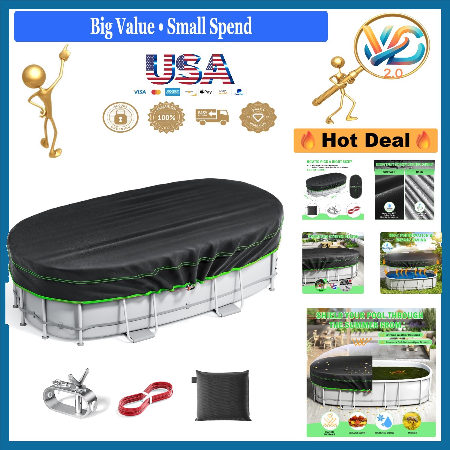 12x20 Ft Heavy Duty Solar Pool Cover Waterproof Tear-Resistant Oval with Winch gallery