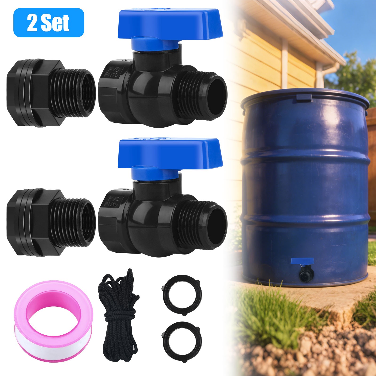 2PCS PVC Rain Barrel Spigot Kit 3/4" GHT Garden Diverter With Bulkhead DIY Tank gallery