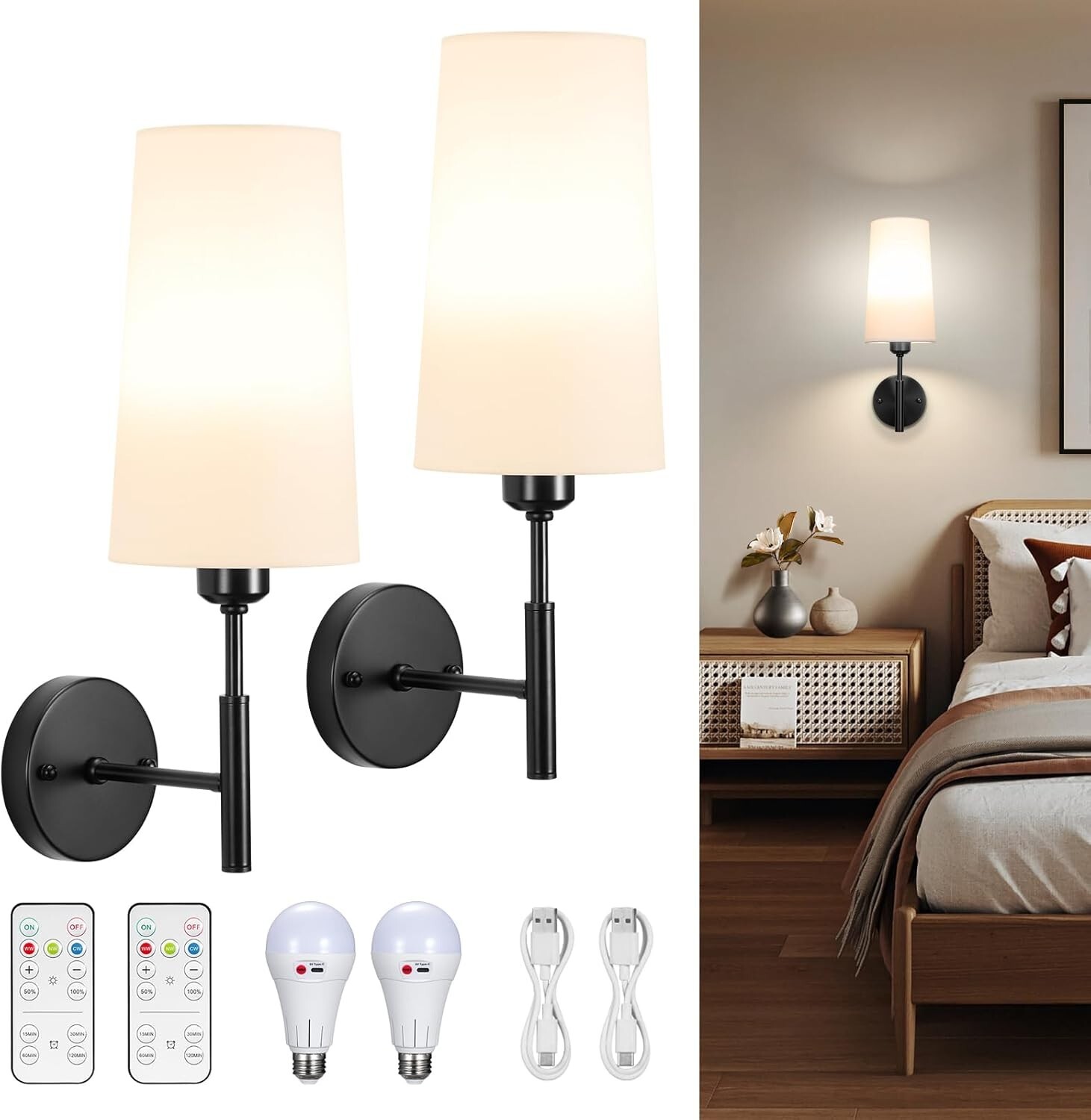 Battery Operated Wall Sconces with Remote Set of 2 Rechargeable Wall Light/Lamp gallery