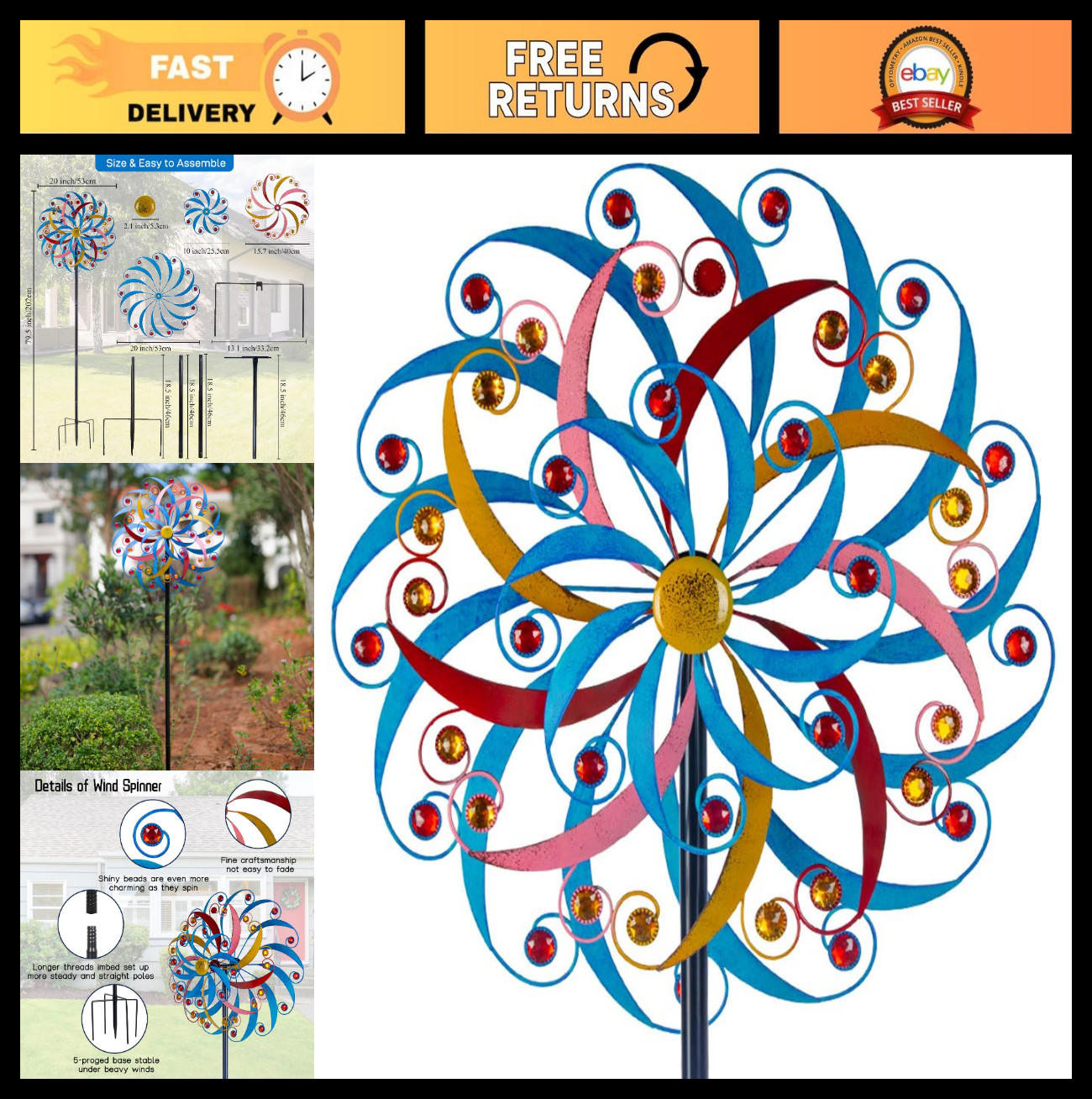Extra Large 20" Metal Wind Spinner - Colorful Kinetic Garden Decor for Outdoors gallery
