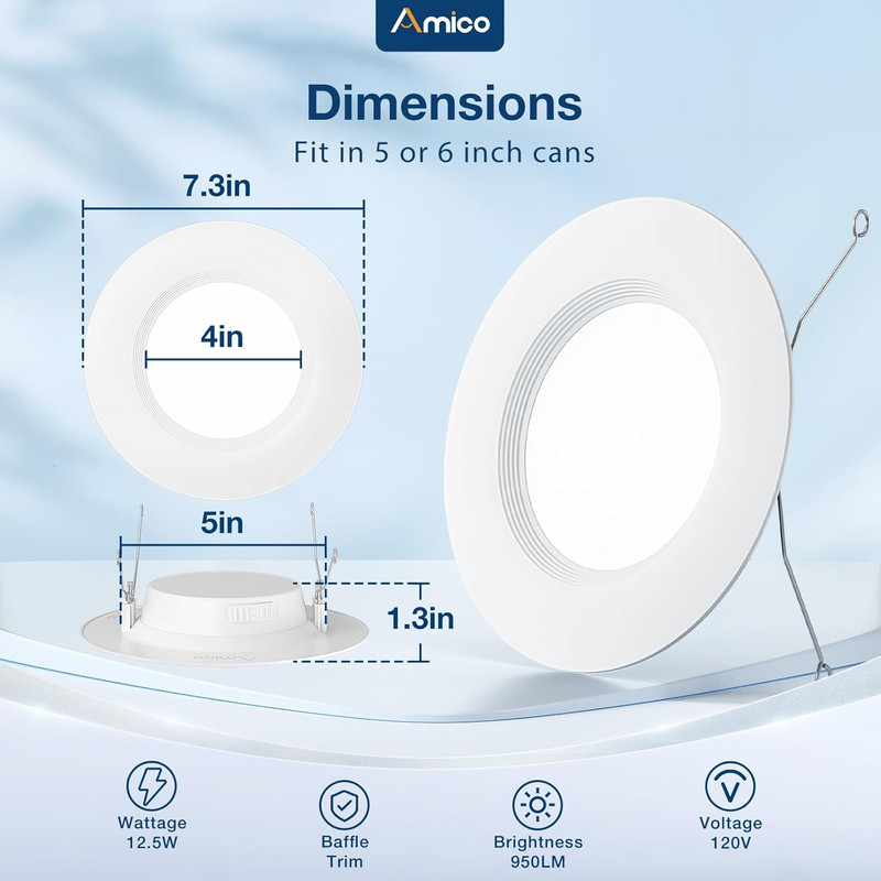 5/6" 48-Pack Dimmable LED Recessed Lights, 5CCT, 950LM, Retrofit, ETL/FCC gallery