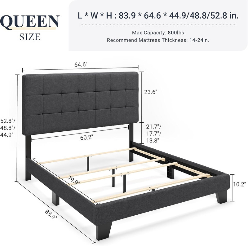 Stylish Queen Size Panel Bed Frame with Adjustable Dark Grey Upholstered Headboa gallery