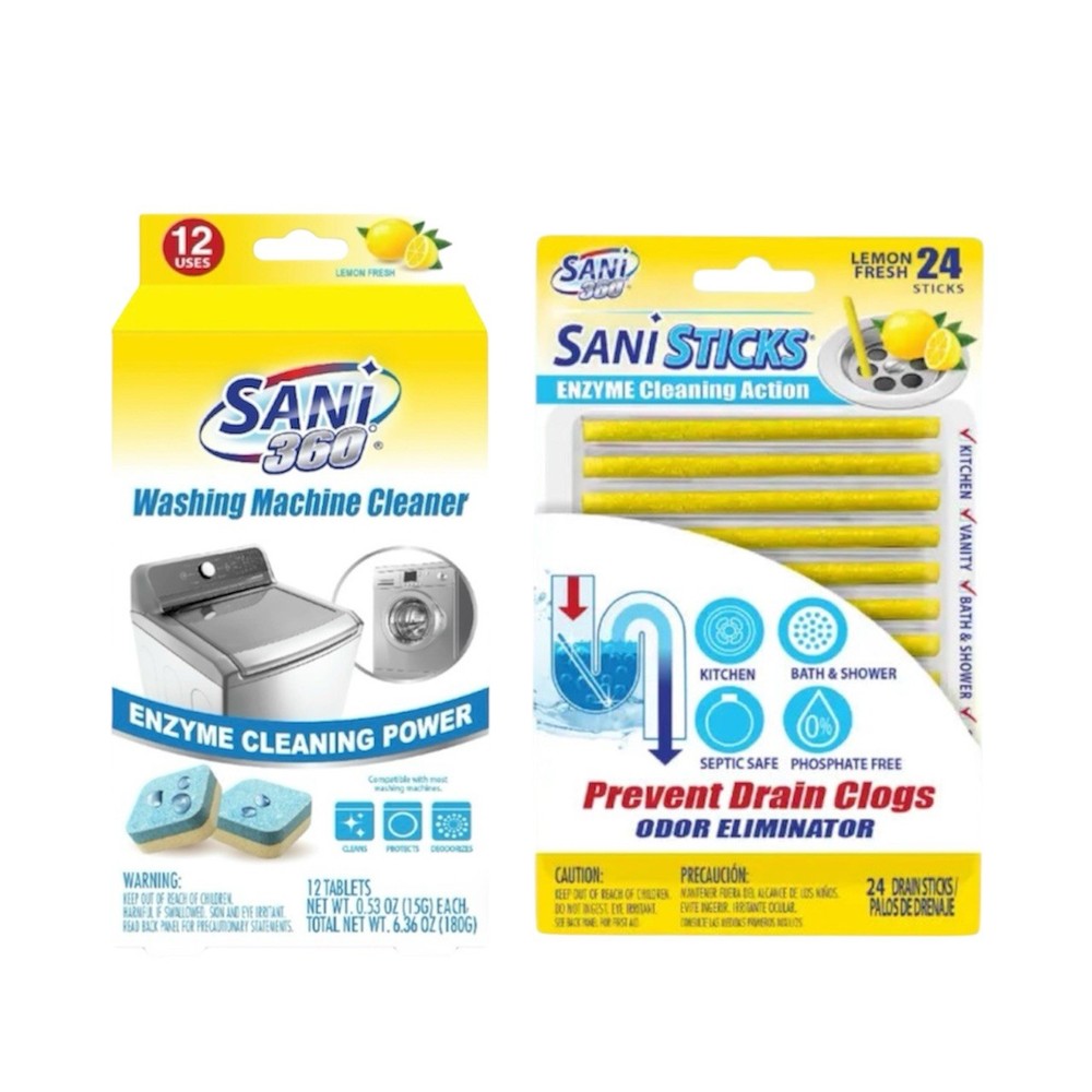 SANI 360° Washing Machine Cleaner, Lemon, 12ct & Sani Sticks, Lemon, 24ct
