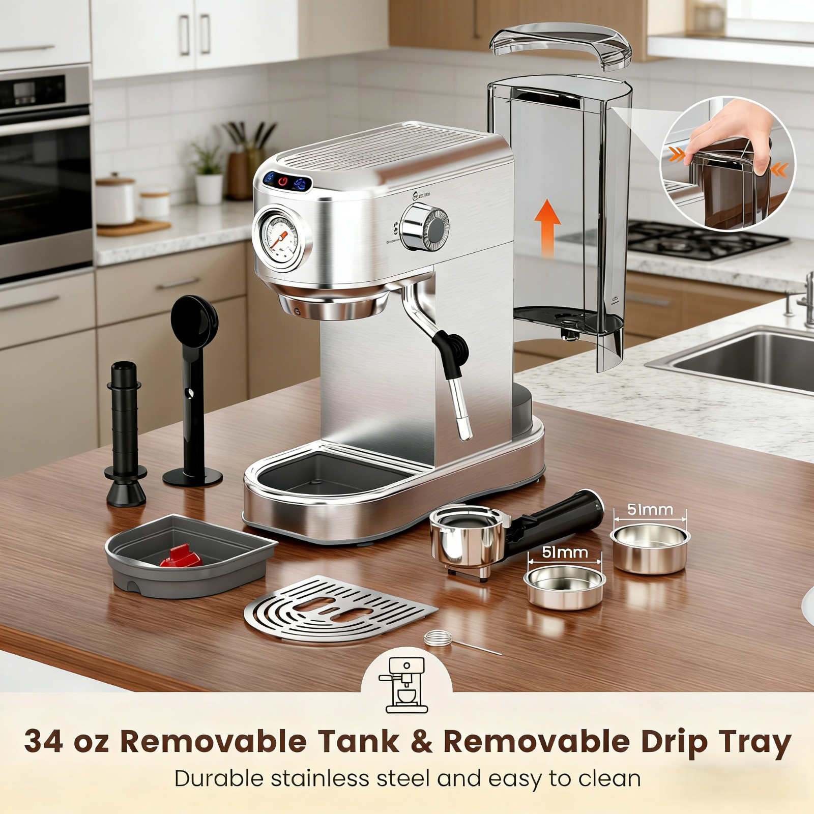 20 Bar Compact Espresso Machine with Milk Frother & 34oz Removable Water Tank gallery