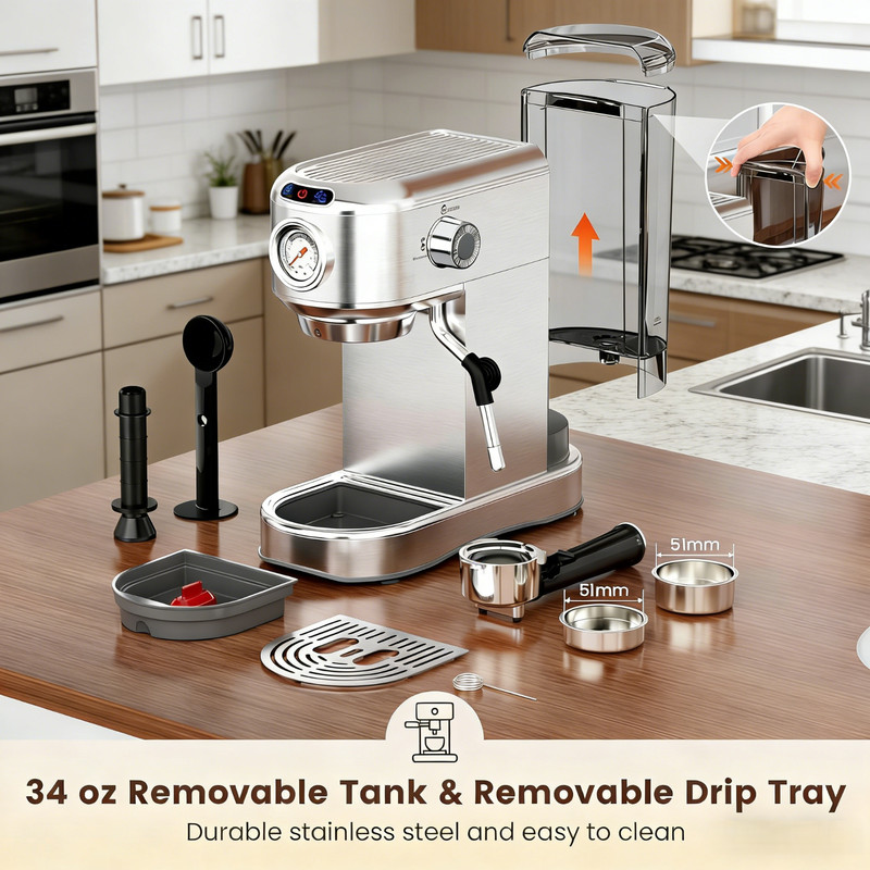 20 Bar Compact Espresso Machine with Milk Frother & 34oz Removable Water Tank gallery