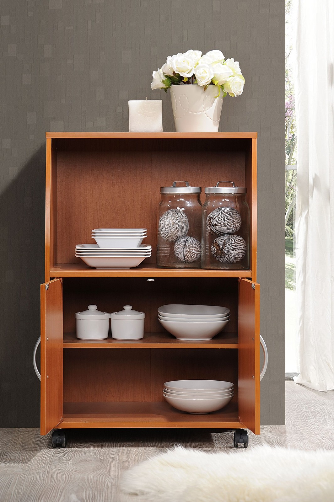 Mini Microwave Cart with Two Doors and Shelf for Storage, Cherry gallery