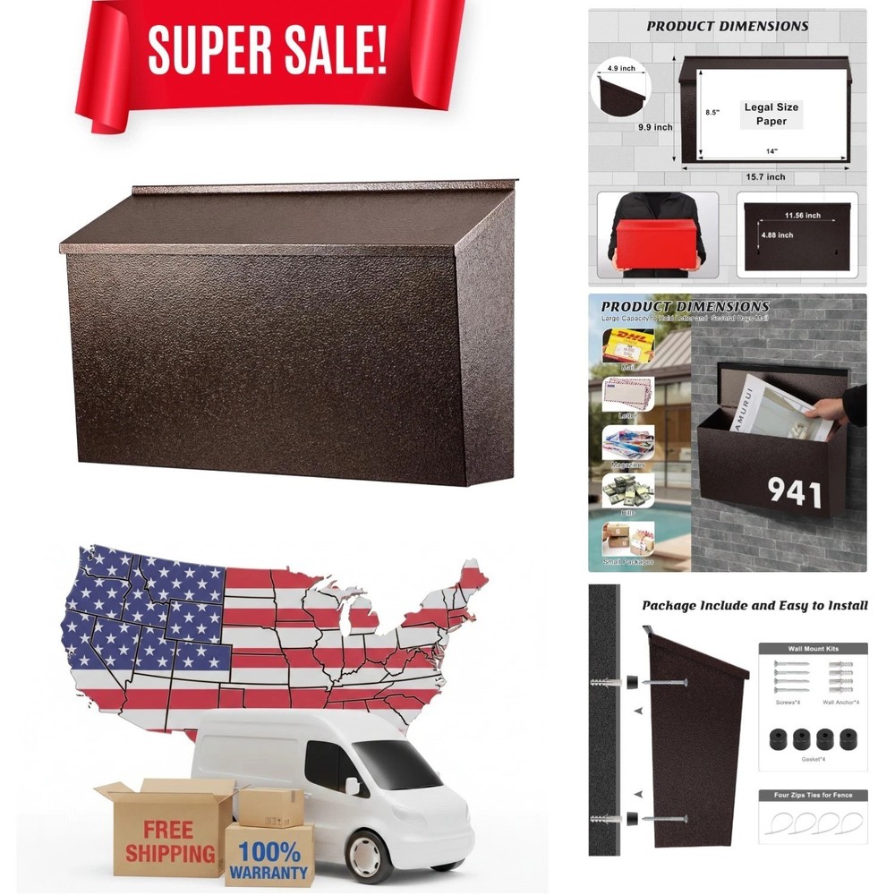 Elegant Wall-Mount Mailbox: Large Capacity Galvanized Steel in Bronze Finish