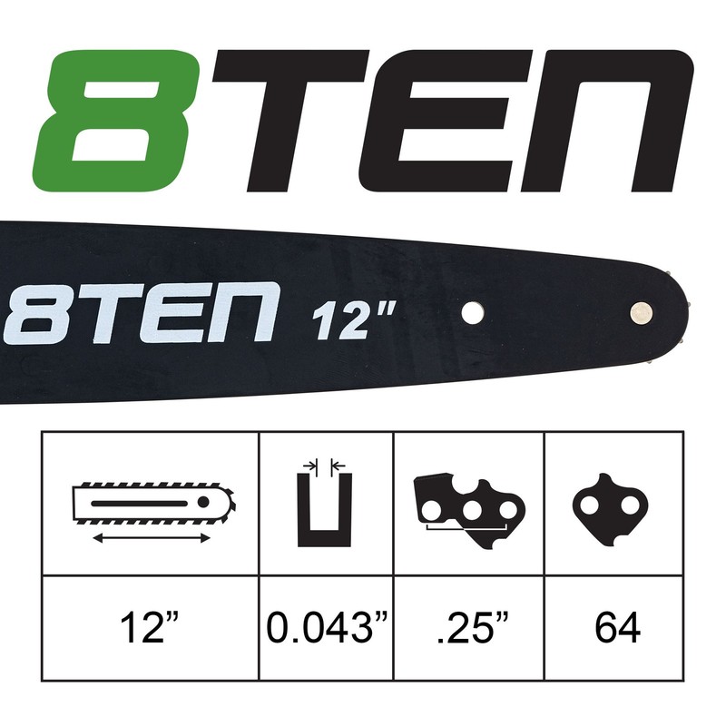 8TEN 12" Chainsaw Guide Bar & 2 Chains .043 1/4 64DL for Stihl 017 025 009 021 gallery