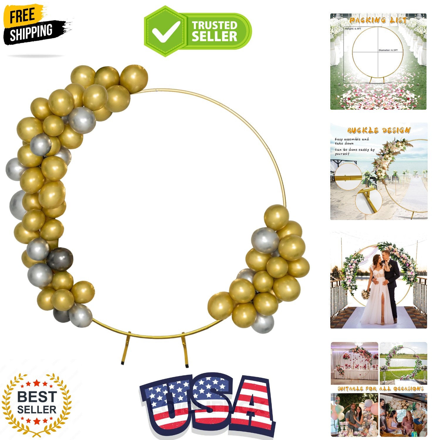 Round Backdrop Stand Circle Arch, 6.5ft Golden Metal Balloon Arch Kit for Par... gallery
