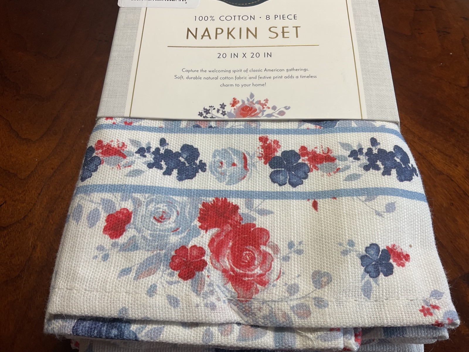 HARPER Napkins (8) RED WHITE BLUE FLOWERS 20 X 20 100% COTTON NIP gallery