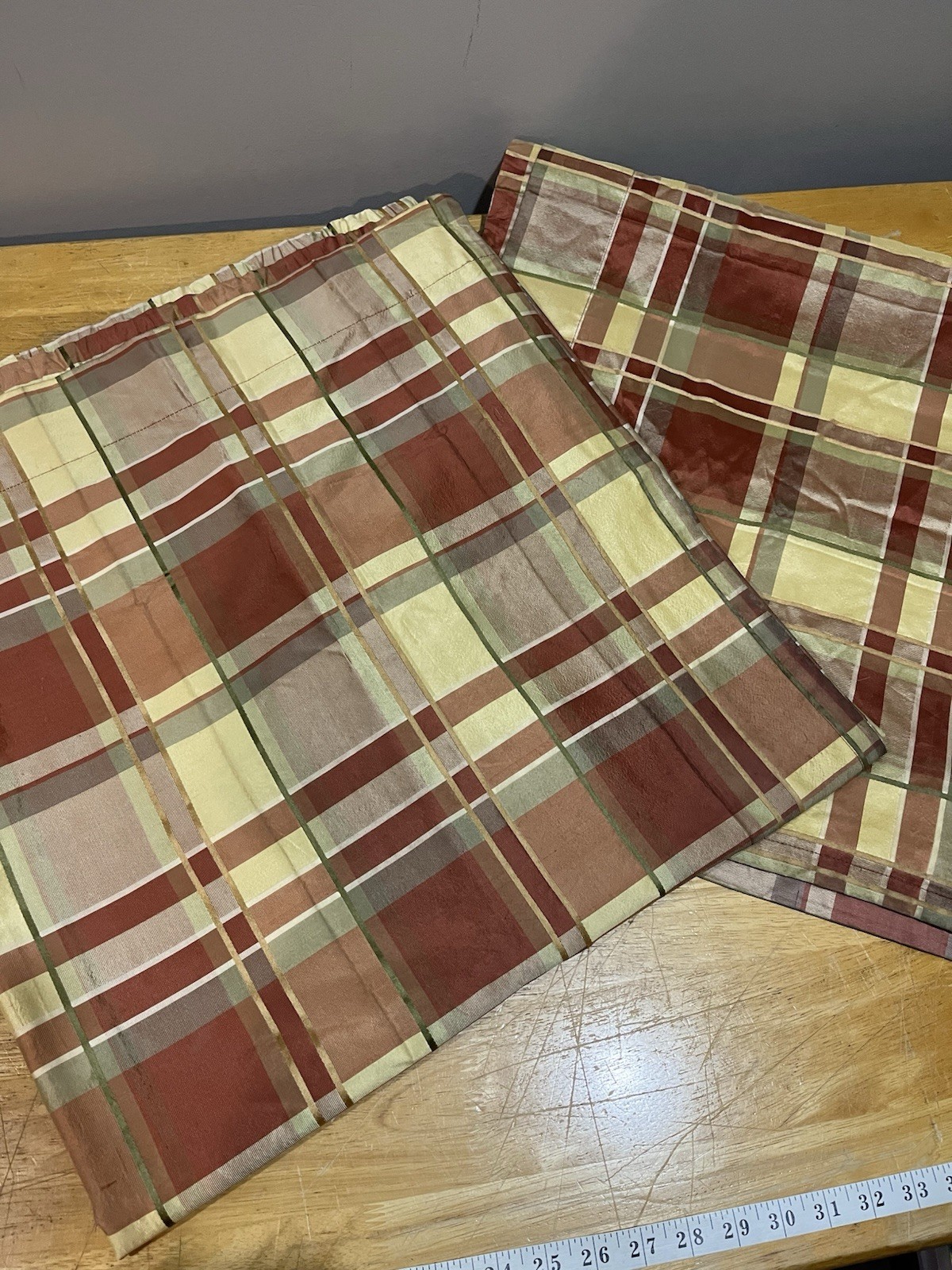 JC Penny Chris Madden Silk Curtain Panels Set of 2 Gold Rust Plaid Lined 41x82" gallery