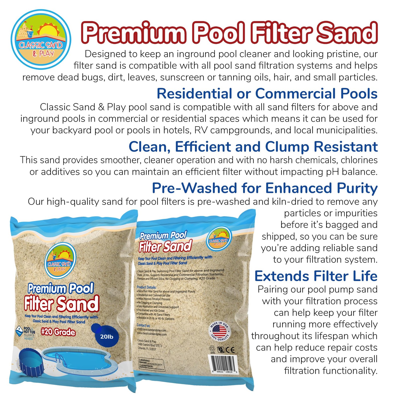 Filter Pool Sand 20 lb Swimming CLASSIC PLAY Above Inground Pools Supports Grade gallery