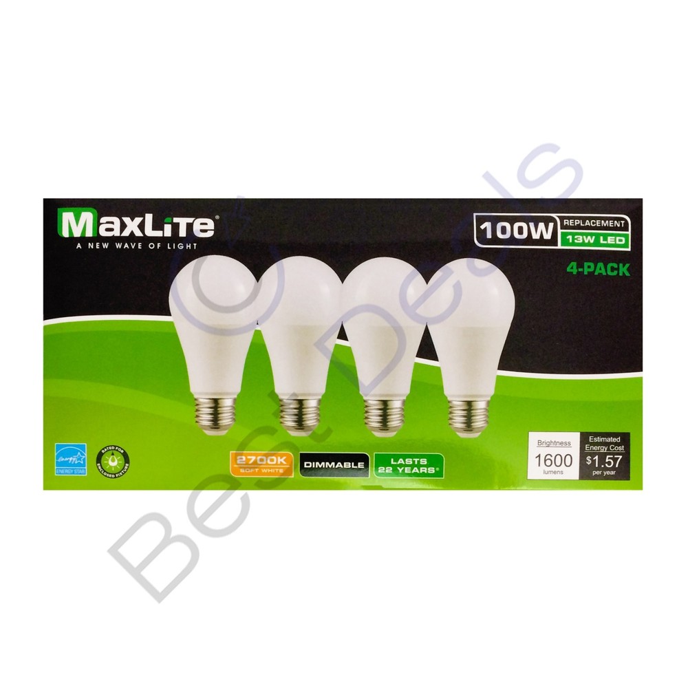 Maxlite 100W replacement 13W LED Light Bulb Soft White A19 2700K Dimmable E26