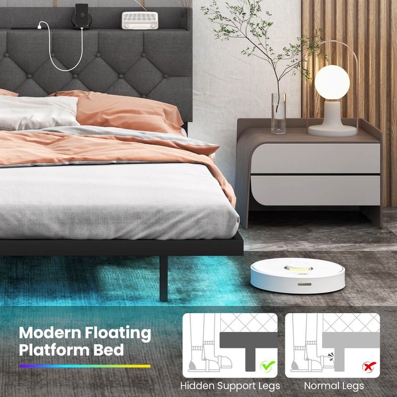 Full Size Floating Bed Frame with LED Lights Adjustable Upholstered Headboard gallery