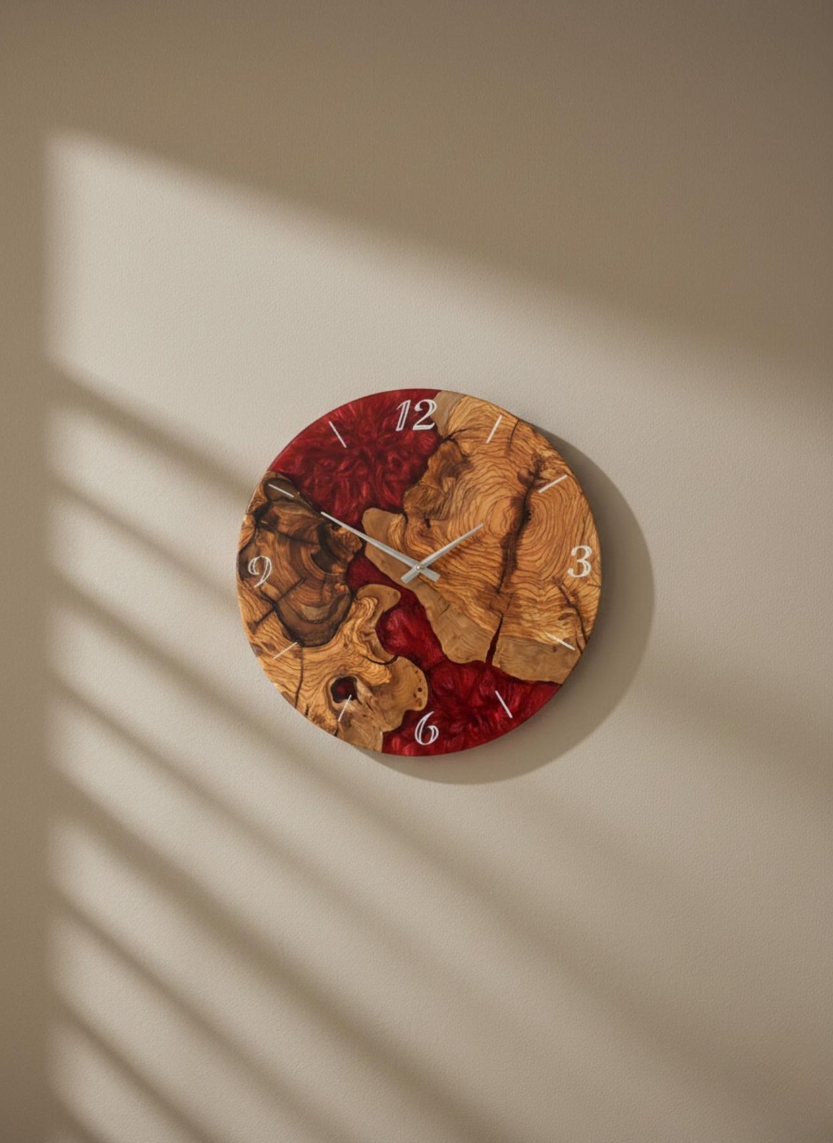 Handcrafted Wood Wall Clock Unique Rustic Decor Red Epoxy Designer hanging decor gallery