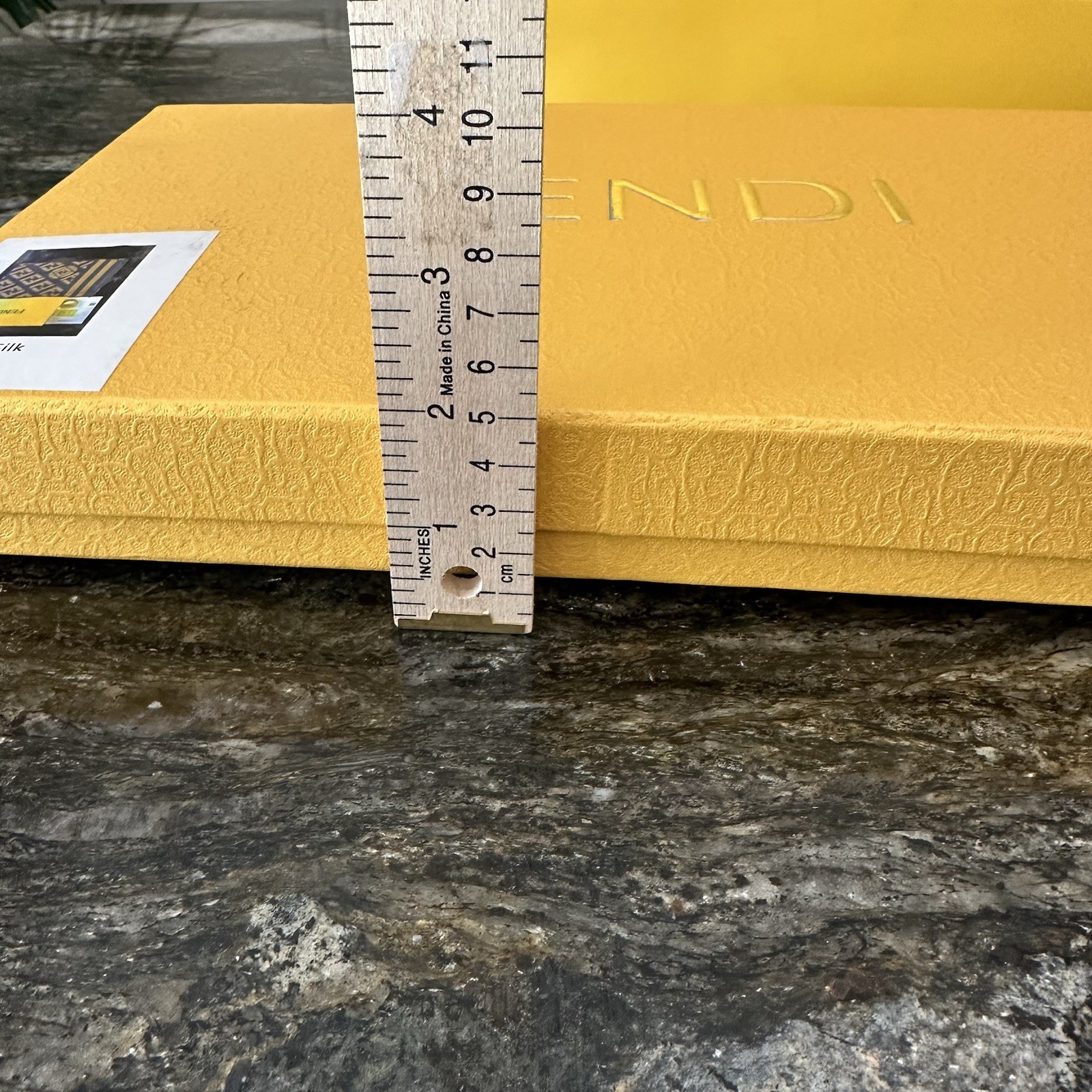 Authentic Fendi Yellow Textured Scarf Box with Silver Lettering, Empty box, Used gallery