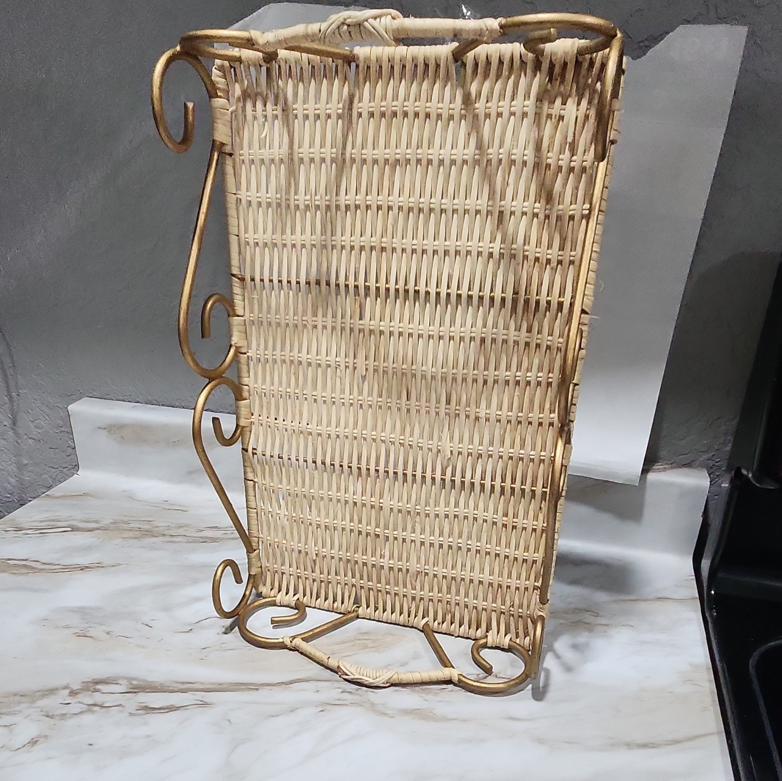 Woven Wicker Serving Tray Rectangle Metal Scroll Handles Beige Gold Large partie gallery