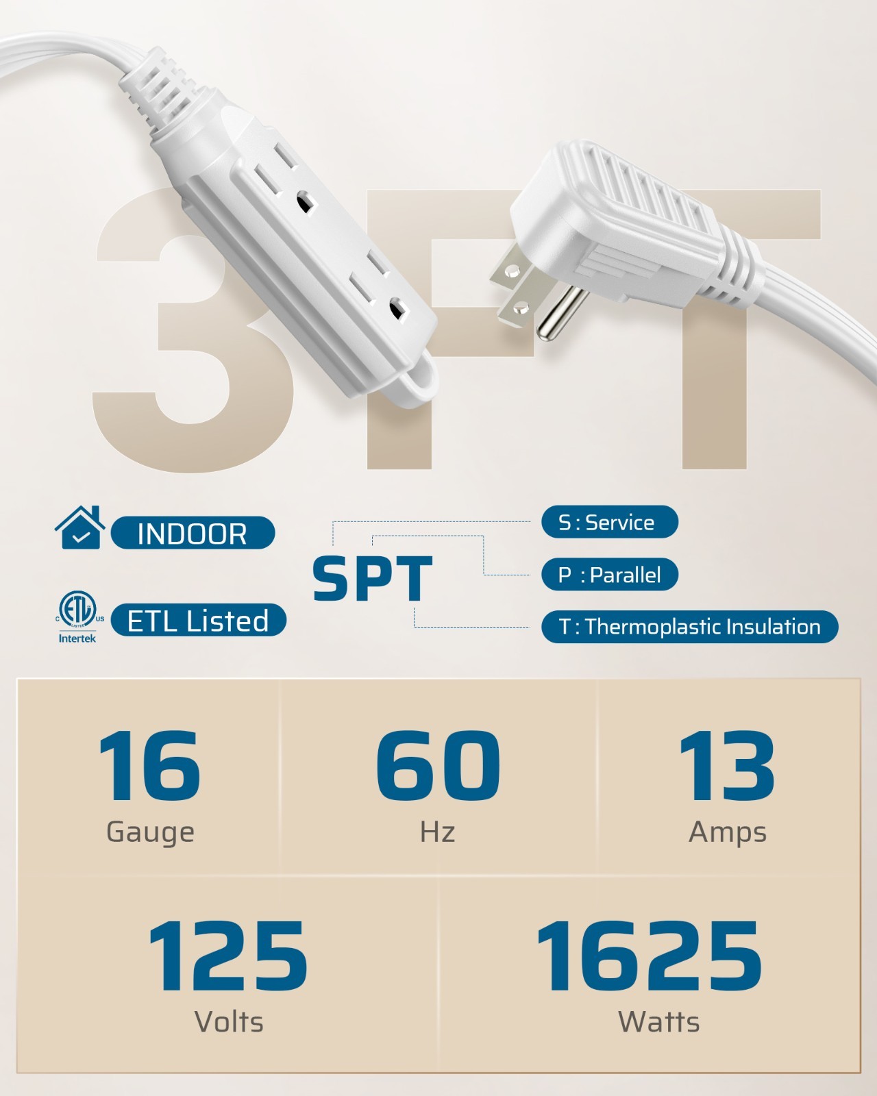 DEWENWILS 2 Pack 3FT Outlet Extension Cord with Flat Plug, 16/3 Awg SPT-3 Cord gallery