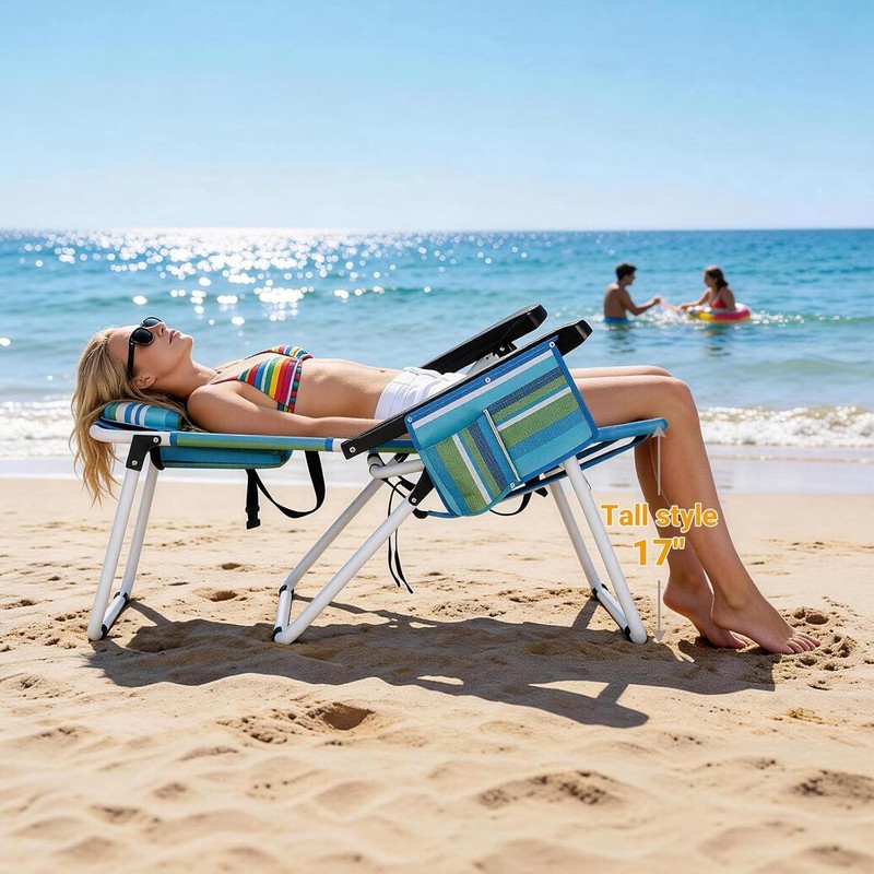 NAIZEA Beach Chairs Backpack 5-Position Tanning Chair with Cooler Bag Cup Holder gallery