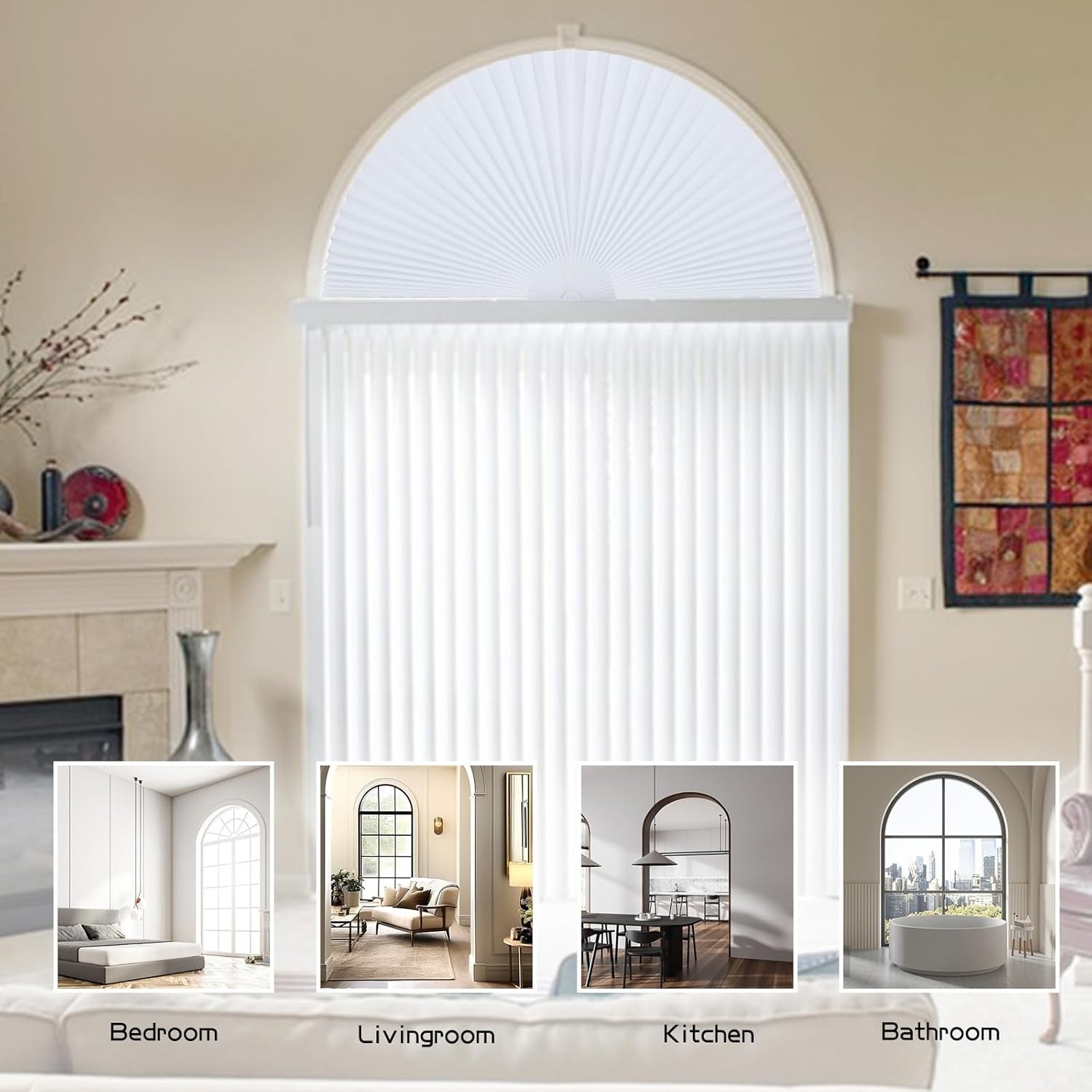 Arch Window Shade Curtains Half Circle Moon Pleated Fabric 36"W x 18"H, White gallery