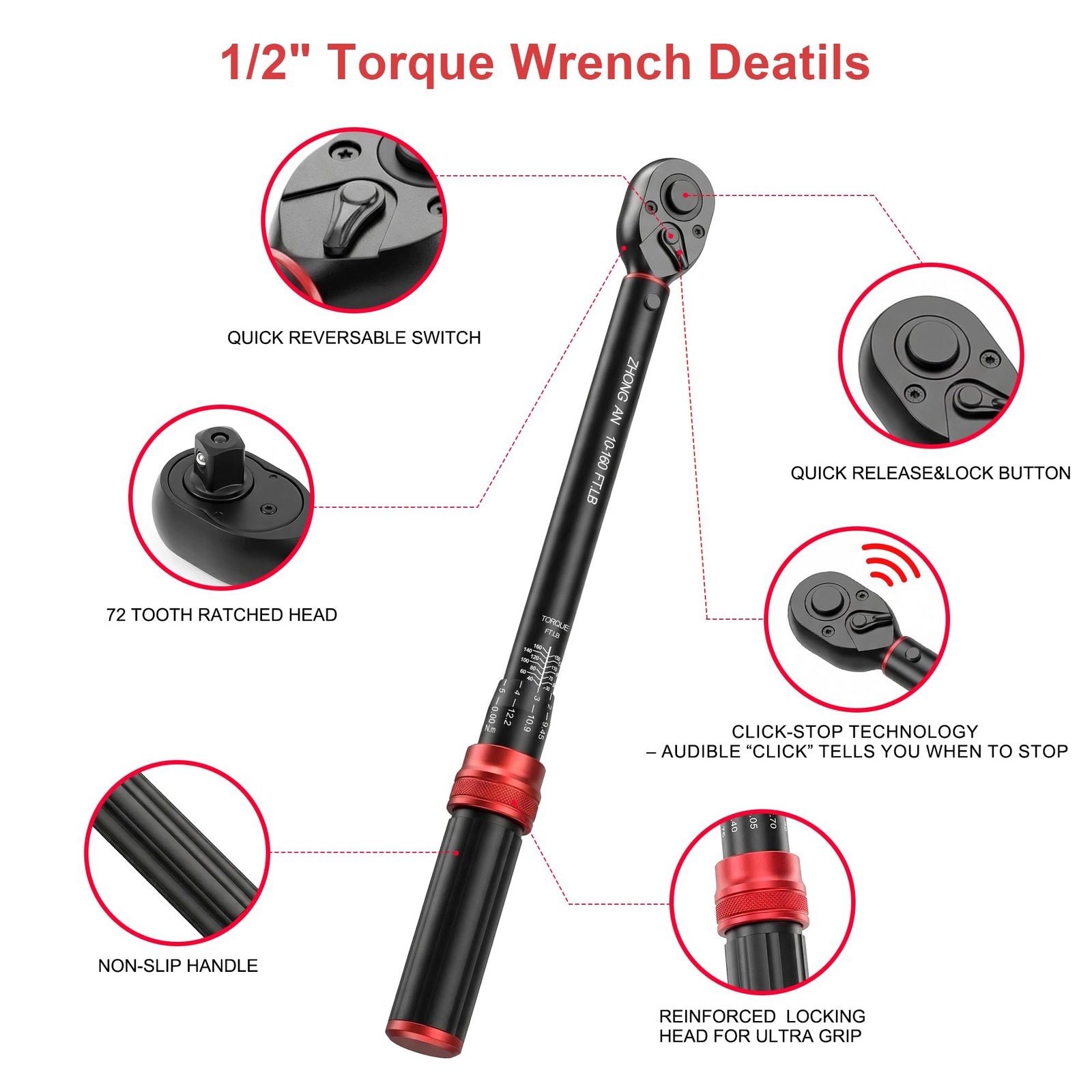 1/2" Drive Click Torque Wrench,10-160 FT.lb,±3% Precision 72-Tooth Dual Direc... gallery