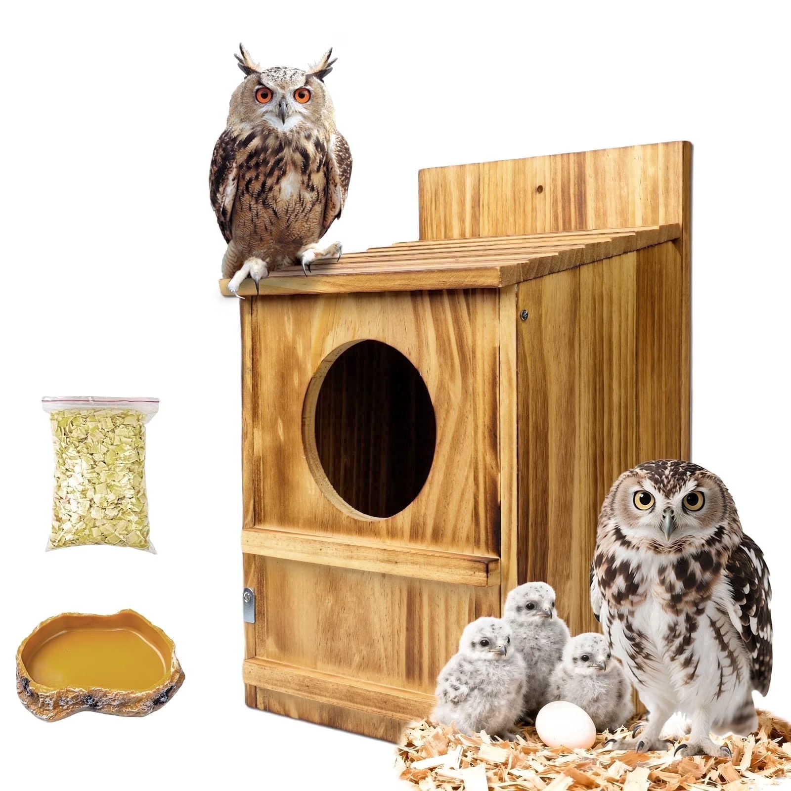 Large Owl House Nesting Box, Wooden Screech & Barn Owl Shelter, Water Bowl gallery