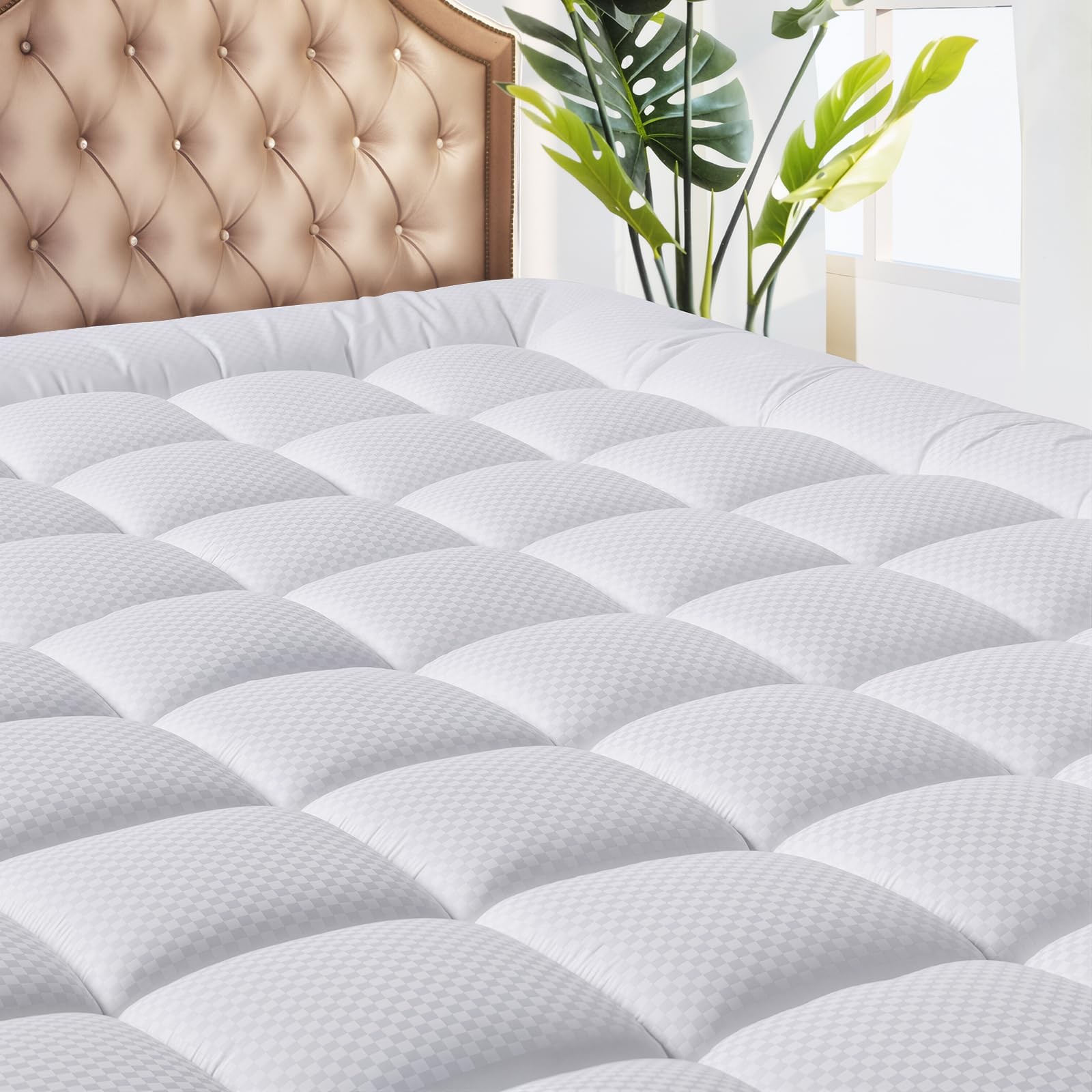 MATBEBY Full Size Mattress Pad - Cooling Breathable Full, White - Checkered gallery