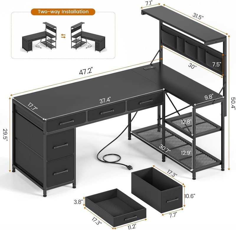 Corner Computer Desk, Reversible L Shaped office Desk with 5 Drawers &LED Lights gallery
