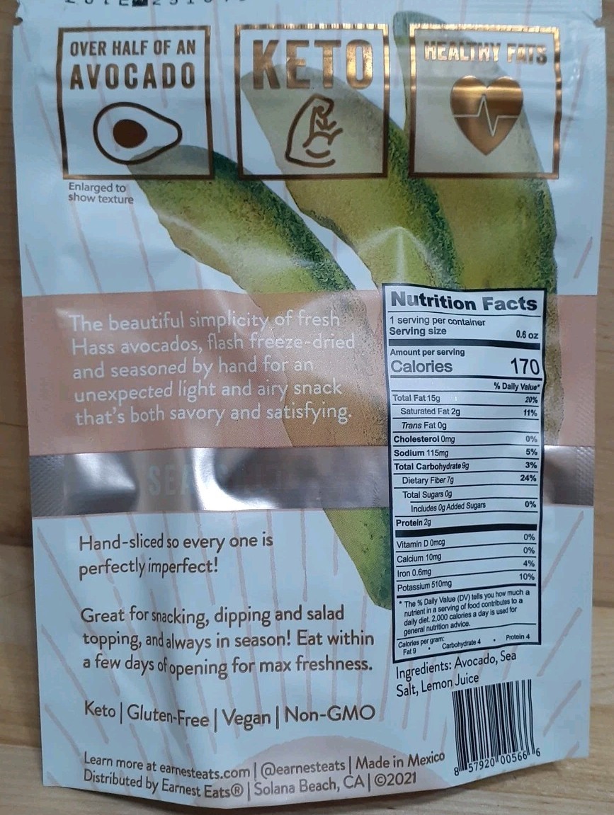 8CT: FREEZED DRIED EARNEST EATS SEA SALT Avocado vegan protein omega NO GMO gallery