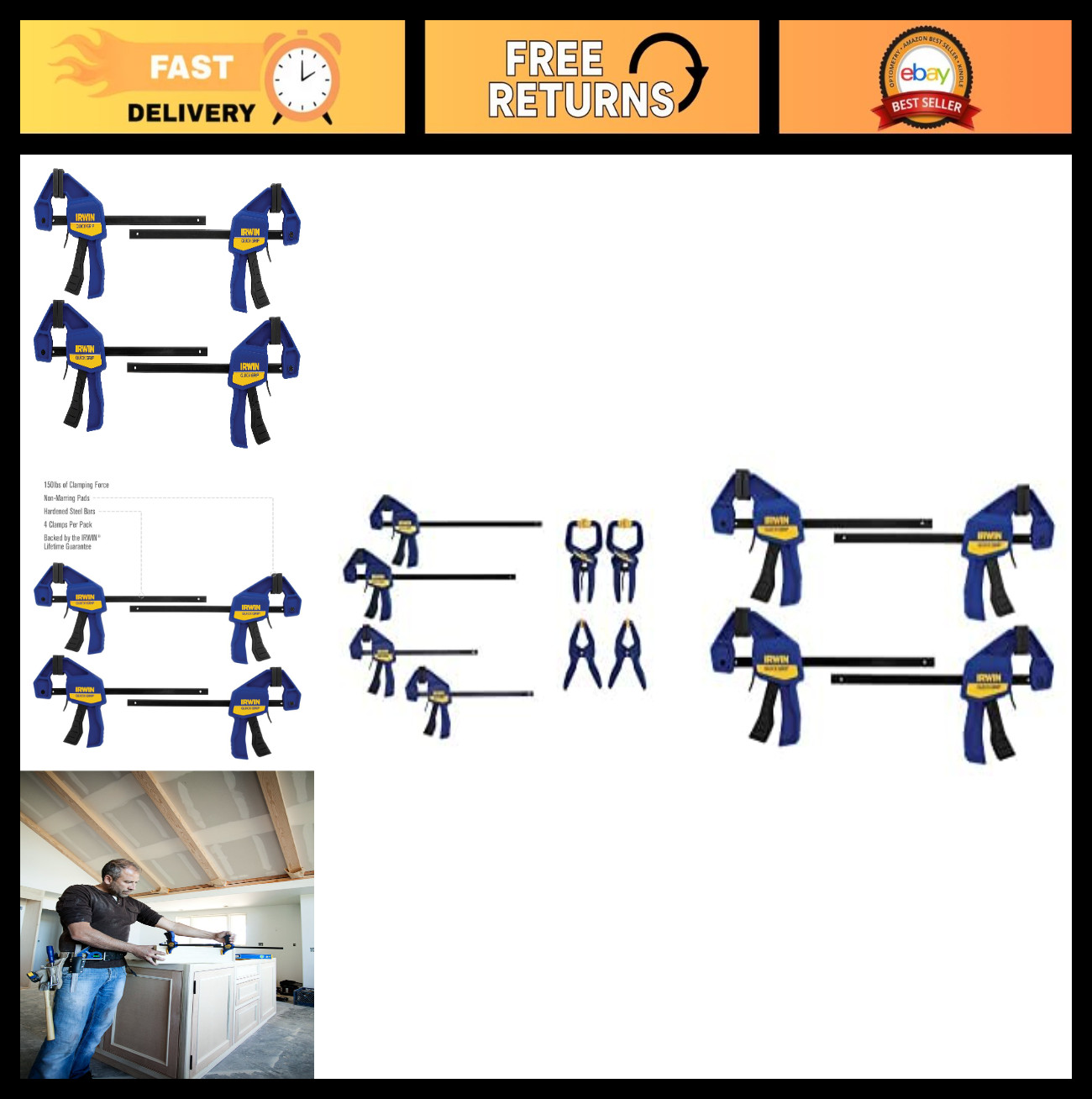 8-Piece Quick-Grip Clamp Set, One-Handed Mini Bar Clamps, 6-Inch, 4-Pack gallery