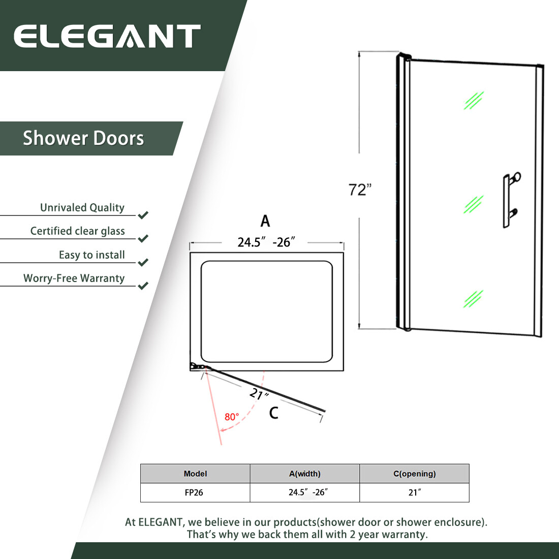 ELEGANT Bifold/Pivot Shower Doors Frameless 1/4" Tempered Clear Glass in Black gallery